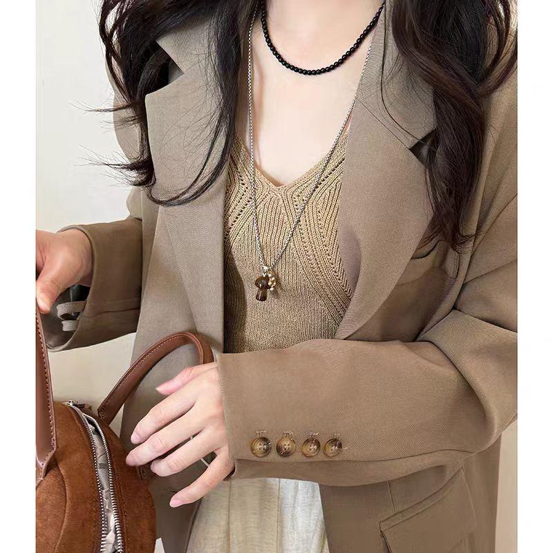 Spotted Tiger's Eye Stone Mushroom Pendant Necklace Delicate Long Clavicle Chain Sweater Chain
