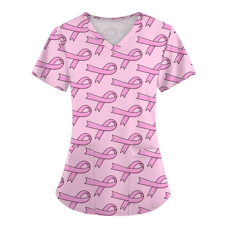 V-Neck Short Sleeve Nursing Scrub Top Women Fashionable Casual Workwear With 3D Print Design Slim Fit 2025 Collection