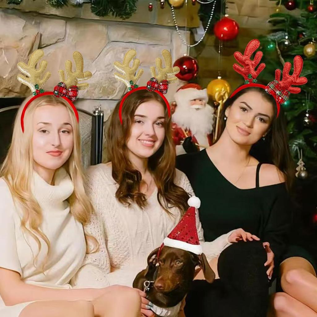 Christmas Reindeer Headband with Bow for Women Cute Cartoon Antlers Hair Clip Funny Photo Props Party Festival Decor Accessories