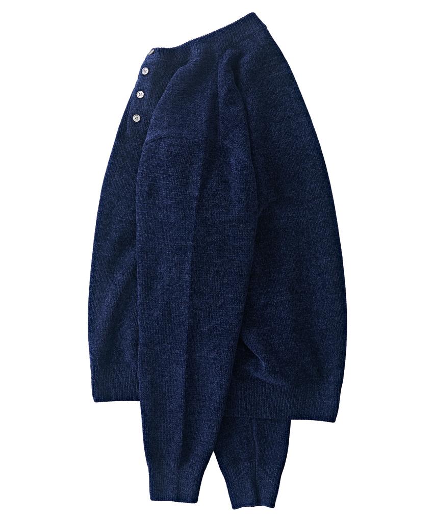 ANALOG MOOD Velour Refined Henley Neck Round Knit (Navy)