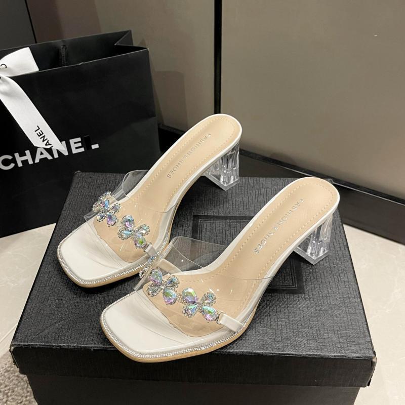 Wear Transparent Cool Slippers Outside 2025 Summer New Fairy Versatile Temperament Rhinestone Open-toed Thick Heel High Heel One-word Drag