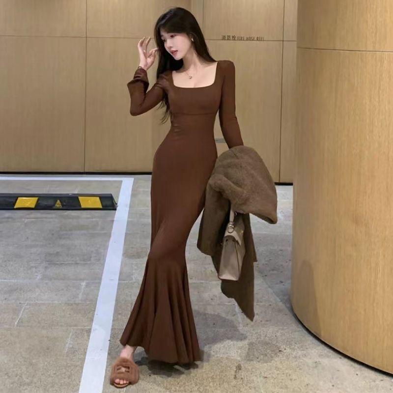 

Сексуальное облегающее вечернее клубное платье русалки, женское элегантное тонкое платье-корсет для подиума, весна-осень, новая модная уличная одежда S коричневый
