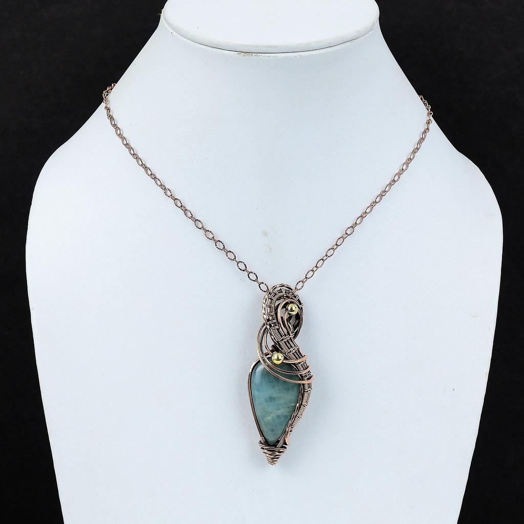 Wonderful Aquamarine Gemstone Handmade Pure Copper Wire Wrapped Pendant Jewelry