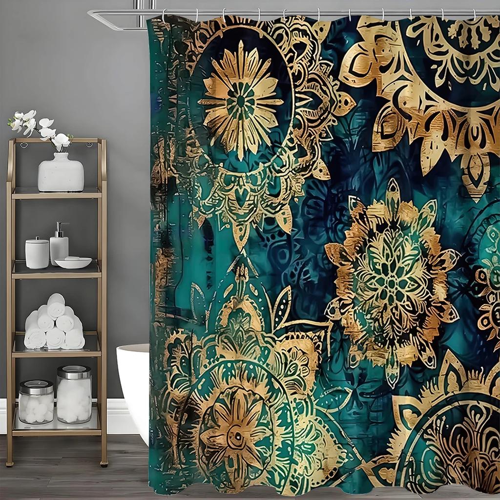 Gold Floral Green Shower Curtain, Bathroom Decorative Shower Curtain, Waterproof Shower Curtain with Hooks