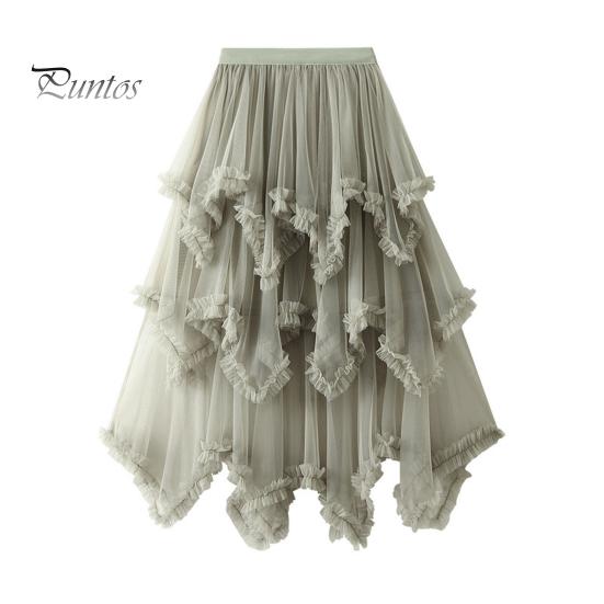 

Женская юбка-торт, средняя посадка, эластичный пояс, неровный подол, юбка-миди, однотонная сетчатая длинная юбка, повседневная одежда зелёный