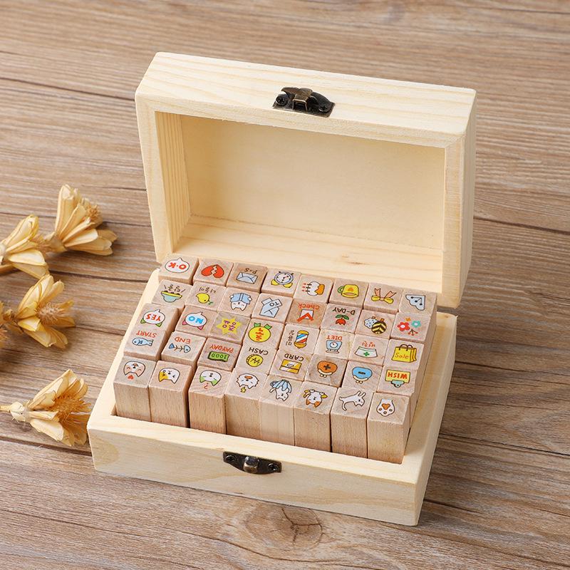 Wooden Box Diary Stamps Set: Cute Bunny & Cat Designs, 40 Pieces, 4 Styles