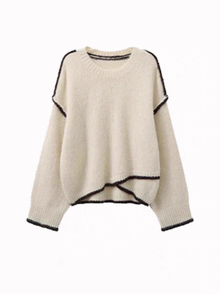 

Women s Gray Crew Neck Sweater: 2025 Autumn/Winter New Design, Lazy Style, Loose Knit Pullover Top білий
