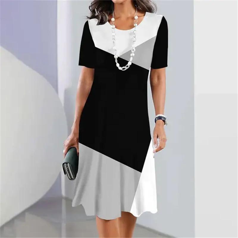 Street Casual Summer Women Dress Plus Size Stripe Splicing Print Short Sleeve Loose A-Line Dress