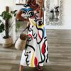 Women Plus Size V Neck Short Sleeve Printed Straight Long Dress