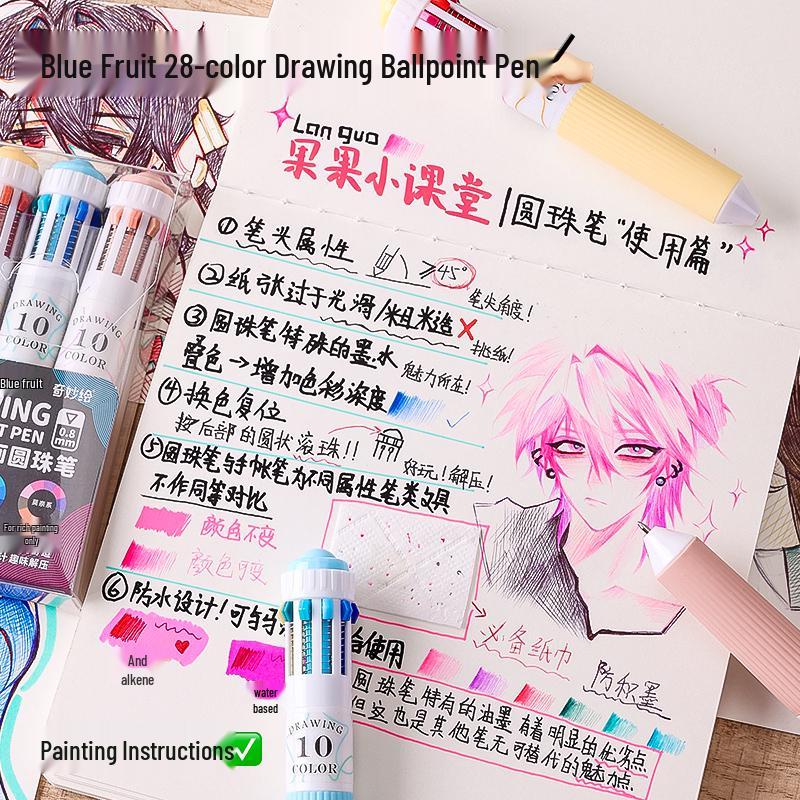 Modrý Fruit 60barevný vícebarevný set kuličkových per s měkkým úchopem - Stiskací psací nástroj 10 v 1