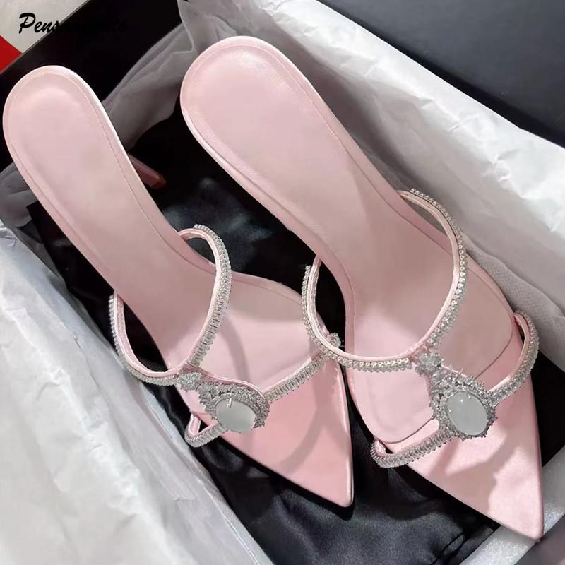 Fashion Luxury Rhinestones Gem Narrow band Women Slipper Sandals Elegant Pointed toe Thin High heels Mules Slides Fashion Party Shoes