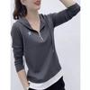 Half-zipper Hooded Long-sleeved Foreign-style Spring and Autumn Top Splicing Color Fake Two-piece T-shirt Women