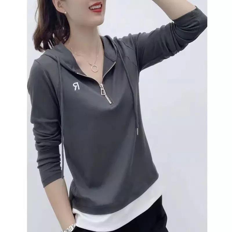 Half-zipper Hooded Long-sleeved Foreign-style Spring and Autumn Top Splicing Color Fake Two-piece T-shirt Women