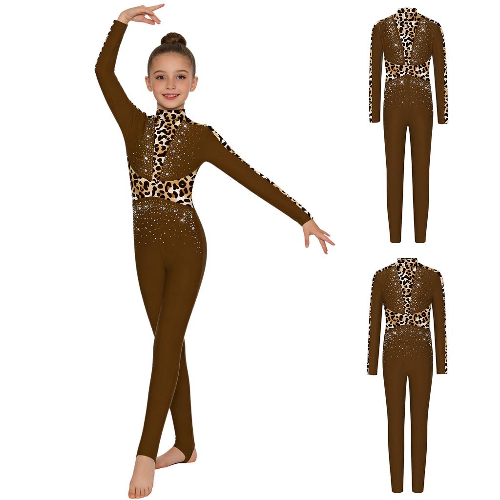 Girls Gymnastics Long Sleeve Leotard Shiny Sequins Rhinestones Back Invisible Zipper Full Body Ballet Figure Skating Performance