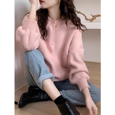 Women's Pink Korean-Style Loose Fit Cardigan - Soft, Long-Sleeved, Perfect for Autumn and Winter