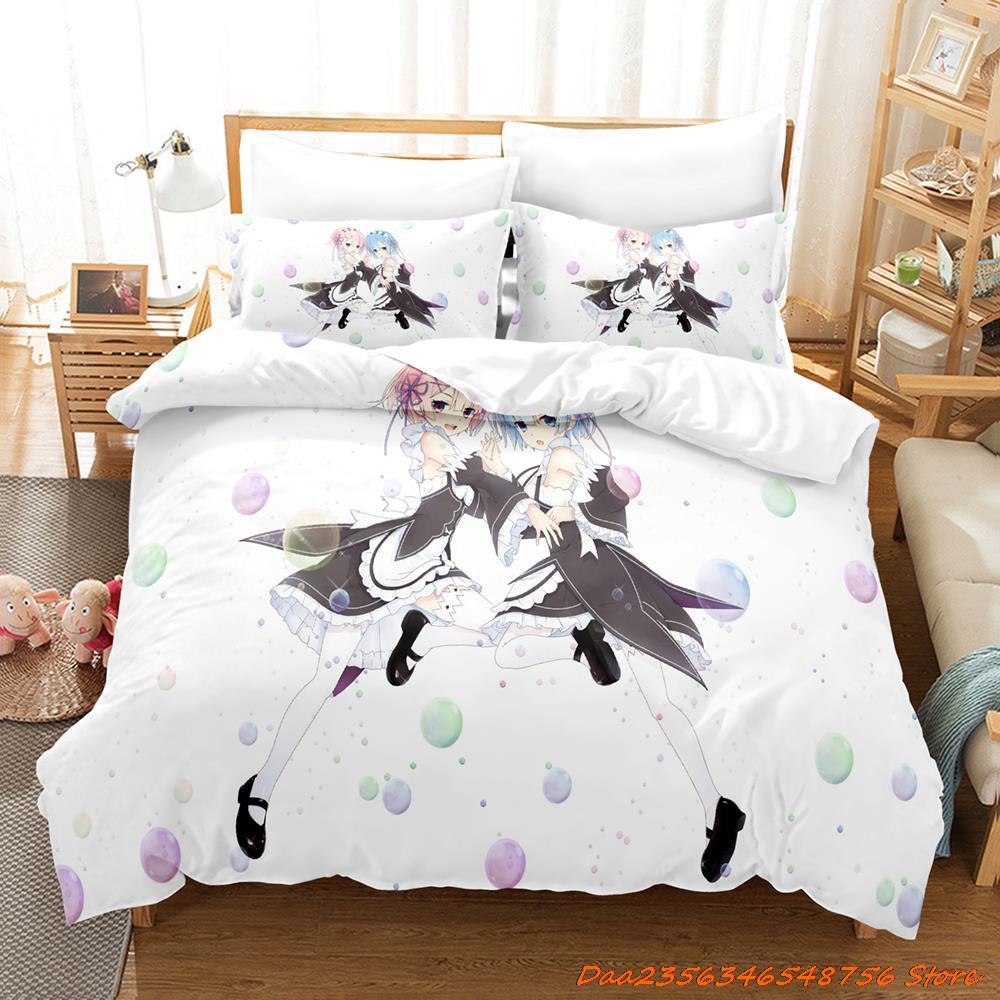 Comforter Re Zero Rem Ram Bedding Set Cartoon Anime Three-Piece Set Adult Kid Bedroom Duvet Sets 3D Kawaii Girl Twin Set