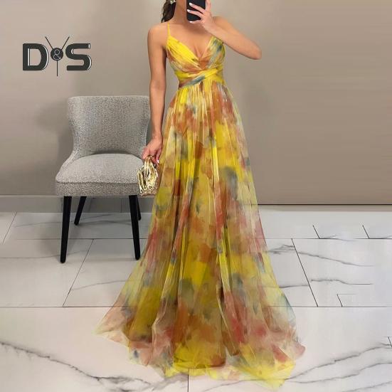 Damen Spaghettiträger Maxikleid Blumen Boho Tiefer V-Ausschnitt Aushöhlen Mesh Plisseekleid Sommer Strand Party Swing Langes Kleid