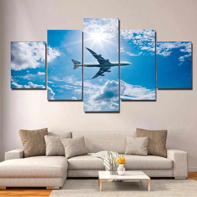 5pcs Modern Take Off Airplane Print Canvas Painting, Airplane In Sky Poster Wall Art, For Living Room Study Room Decor, No Frame