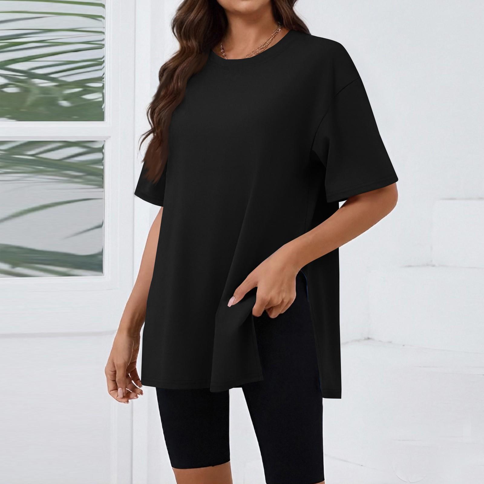 

T Shirts For Women Pleated R-Neck Dressy Casual Blouses Printing Short Sleeve Summer Tops Loose Fit XL чорний