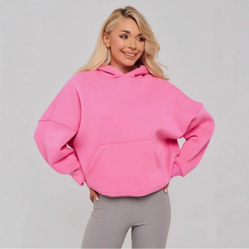 Womens Solid Color Hooded Sweatshirt Loose Fit Fleece Pullover Teens Casual Wear