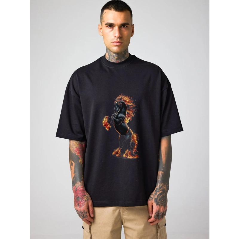Oversized T-Shirt Black Flame Horse Graphic Print Men Casual Streetwear Fashion Top Summer Outfit