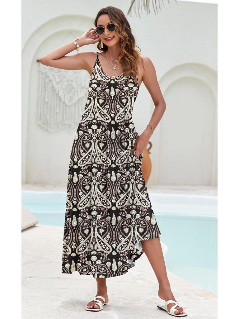2026 Elegant European & American Spaghetti Strap Long Printed Dress with Pockets