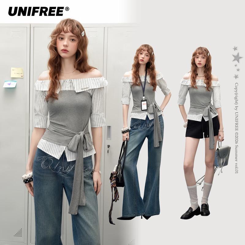 UNIFREE Faux Two-Piece Patchwork Off-Shoulder Shirt M