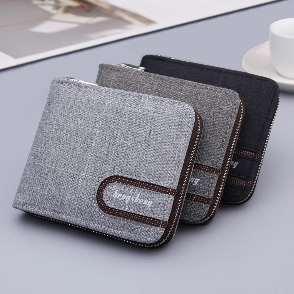 Men's Canvas and Leather Short Wallet with Zipper, Coin Purse, and Multiple Card Slots