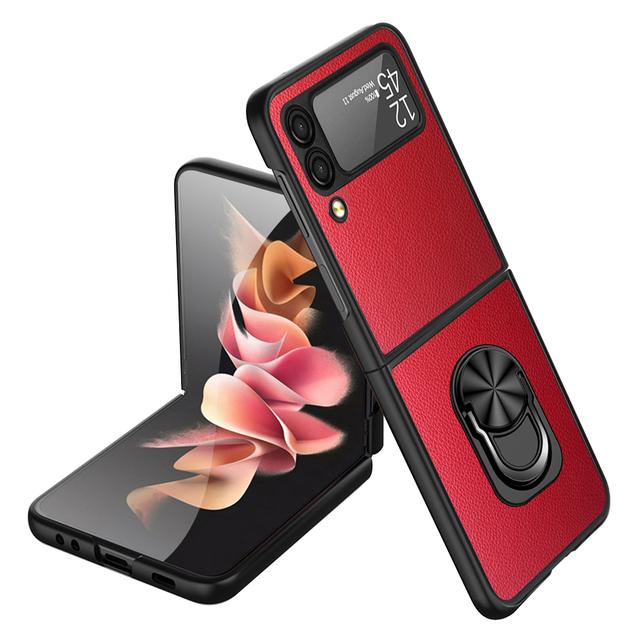 Comfortable Leather Finger Ring Case For Samsung Galaxy Z Flip 4 5g Flip4 Flip3 Flip 3 Shockproof Kickstand Cover Funda