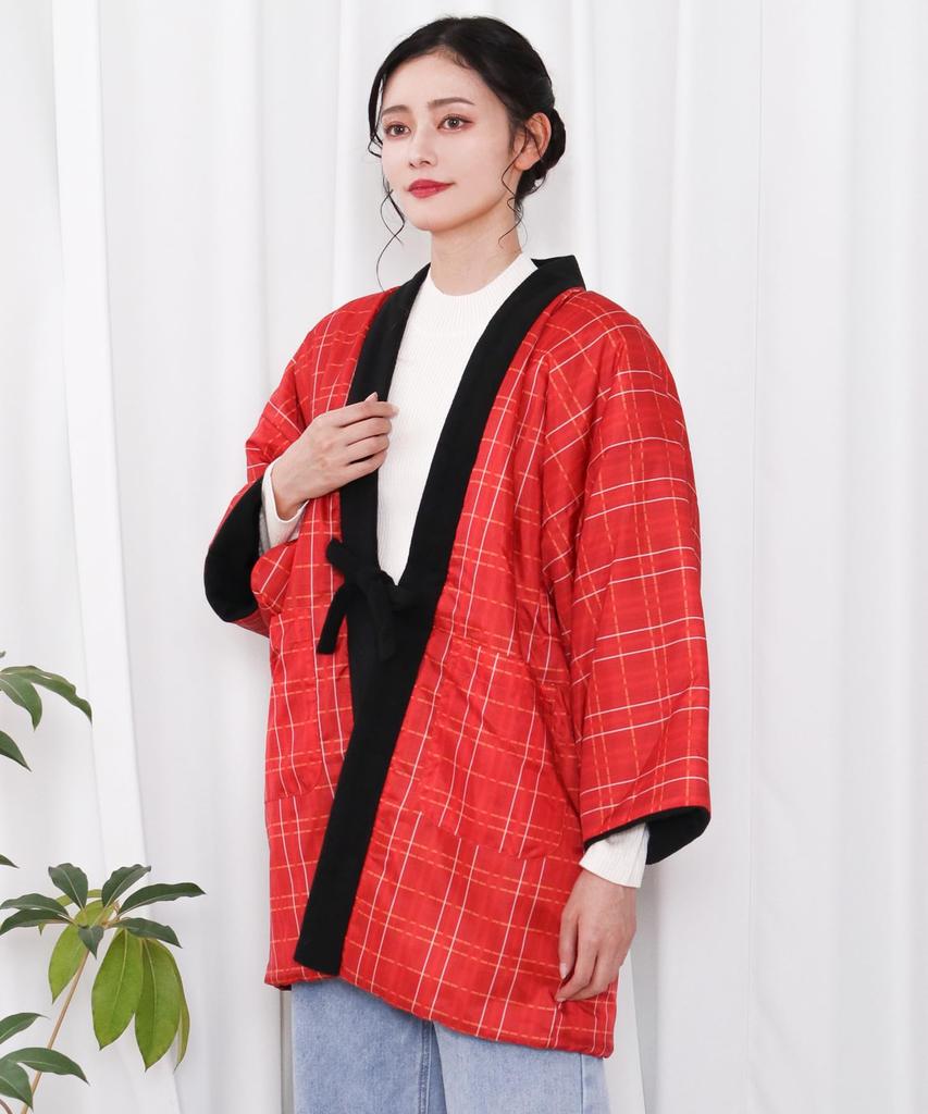 KYOETSU Women's Winter Fleece Hanten (Fleece-Lined Hanten), Sizes A and B (8. Red Check X Black, Size L)
