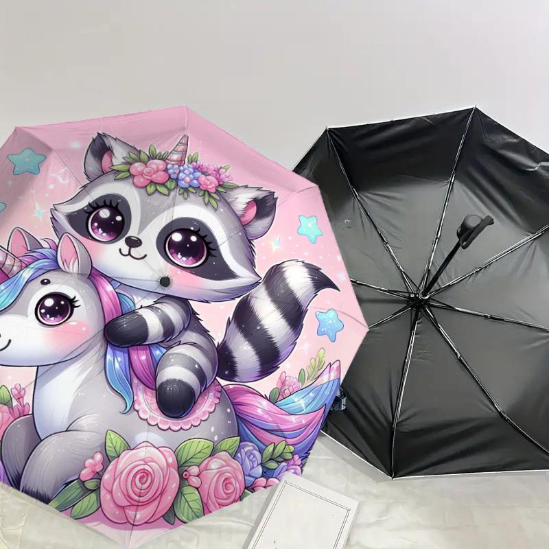 1pc Raccoon Unicorn Floral Fantasy Umbrella with Plastic Handle,Suitable for All Seasons Home Travel Outdoor UmbrellaDD761
