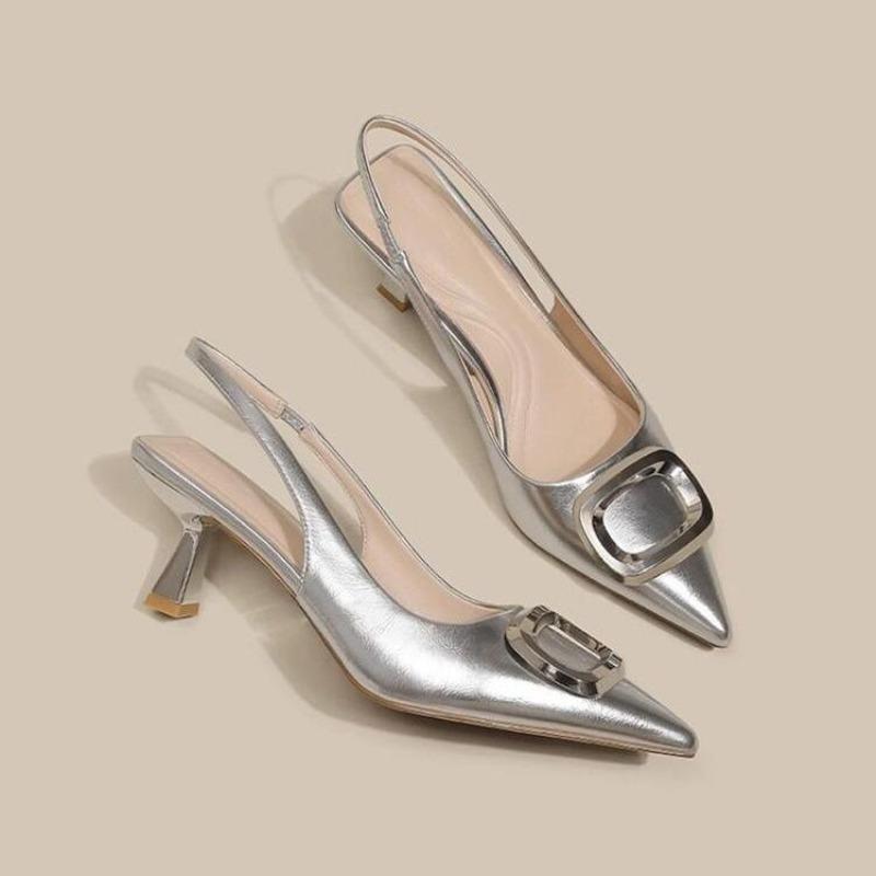 Fashion Women's Sandals Summer New High-heeled Pointed Metal Decorative Baotou Slip-up Slippers Fashion Temperament