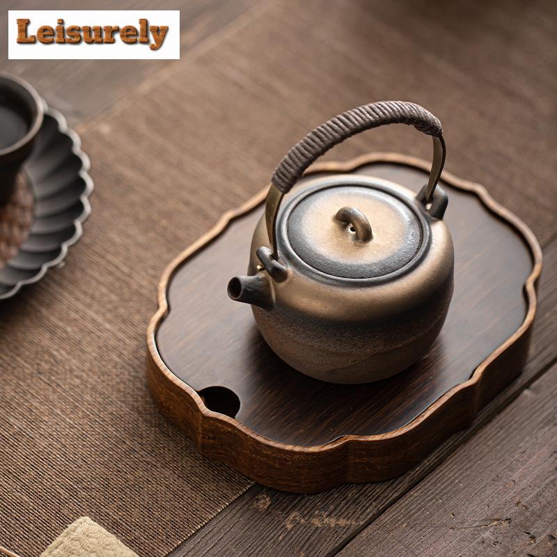 230ml Ancient Early Fired Rough Pottery Teapot Gilded Iron Apple Lifting Beam Pot Tea Maker Kettle Vintage Drinkware Collection
