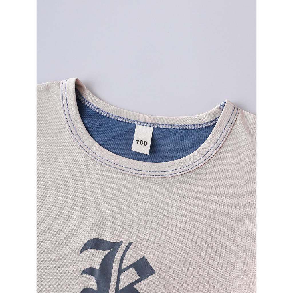 2026 Summer Boys' Color blocked "K" Printed 2-piece Set - Short sleeved T-shirt+Shorts, casual children's clothing for 3-14 years old