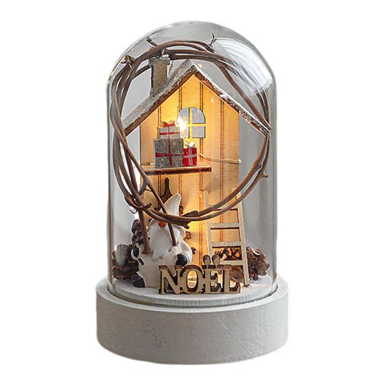 Christmas Dome Glass Ornament LED Light Up Reindeer Christmas Tree Little Church in Cloche Tabletop Decoration for Indoor Room Desktop Decor