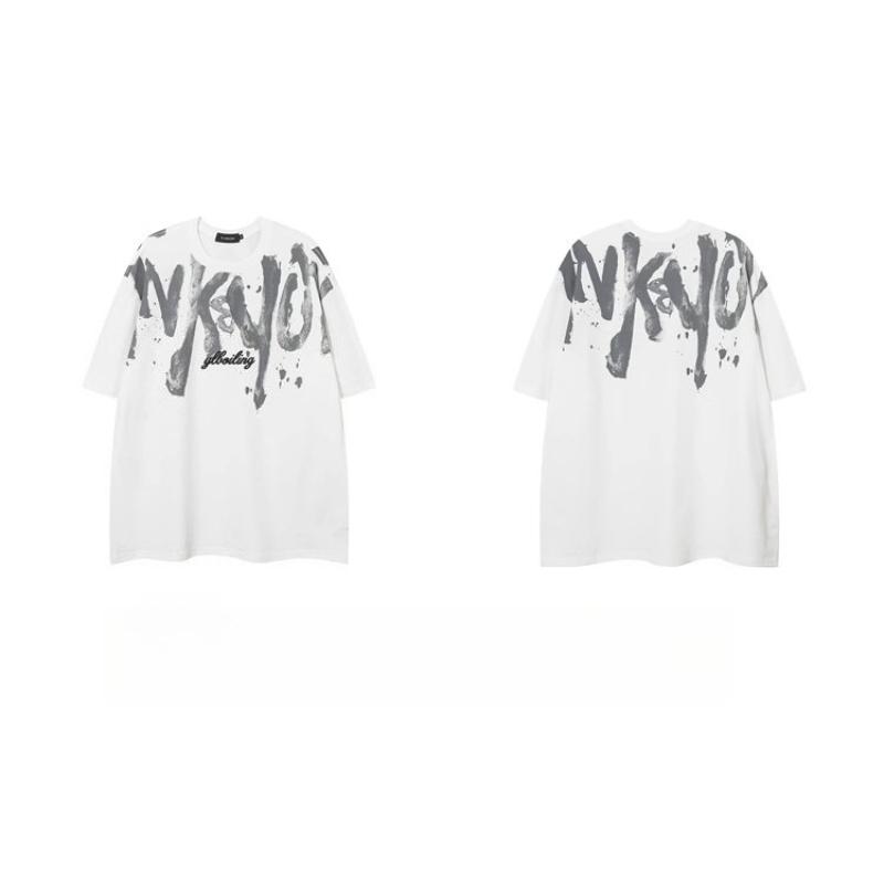 American Heavyweight Cotton Men's Short-sleeve T-shirt, Plus Size, Summer Hip-hop Style, Eye-catching Streetwise Look with Large Letters