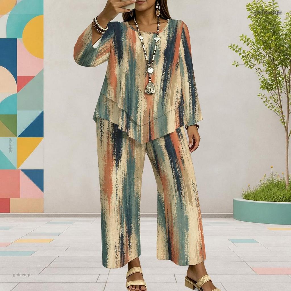 Women Plus Size Round Neck Long Sleeve Printed Layered Top Wide Leg Cropped Pants Two Piece Set