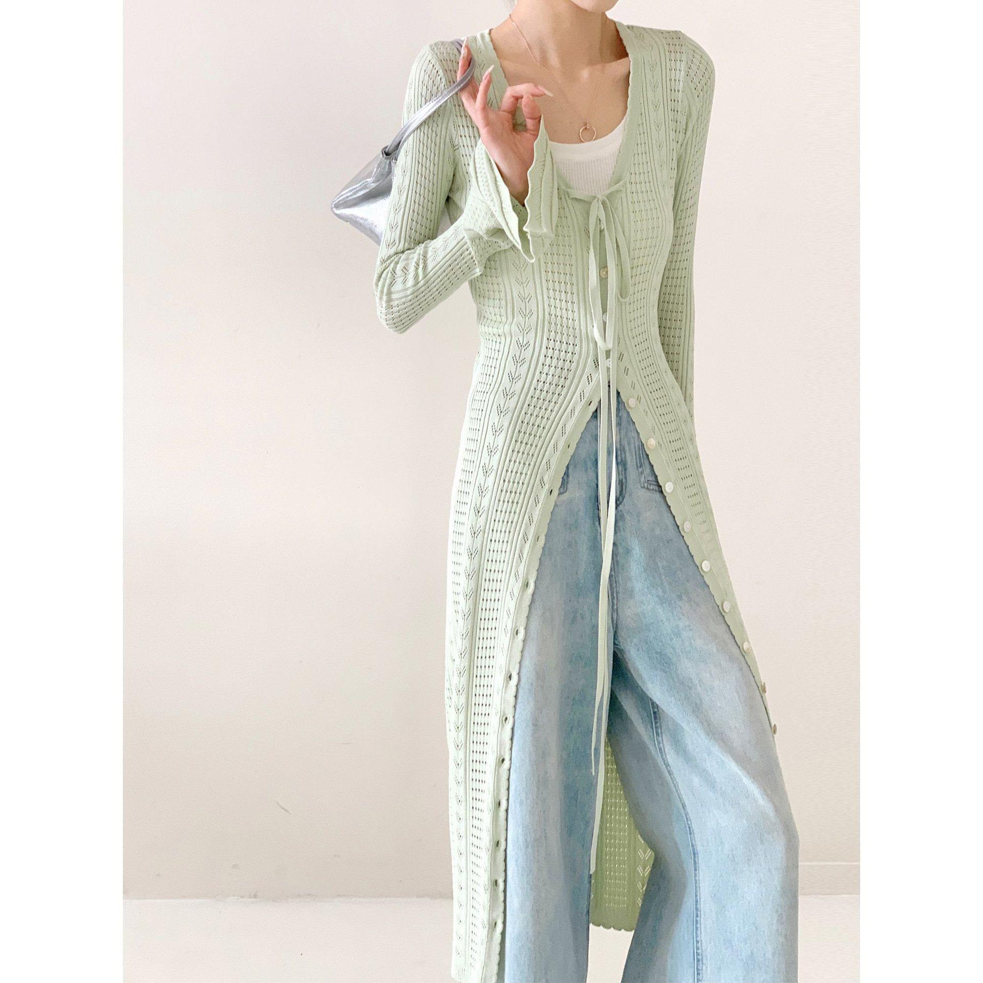 

Весенний женский приталенный вязаный кардиган с рукавами-клеш L (Recommended weight: 110-120 jin) светло-зеленый