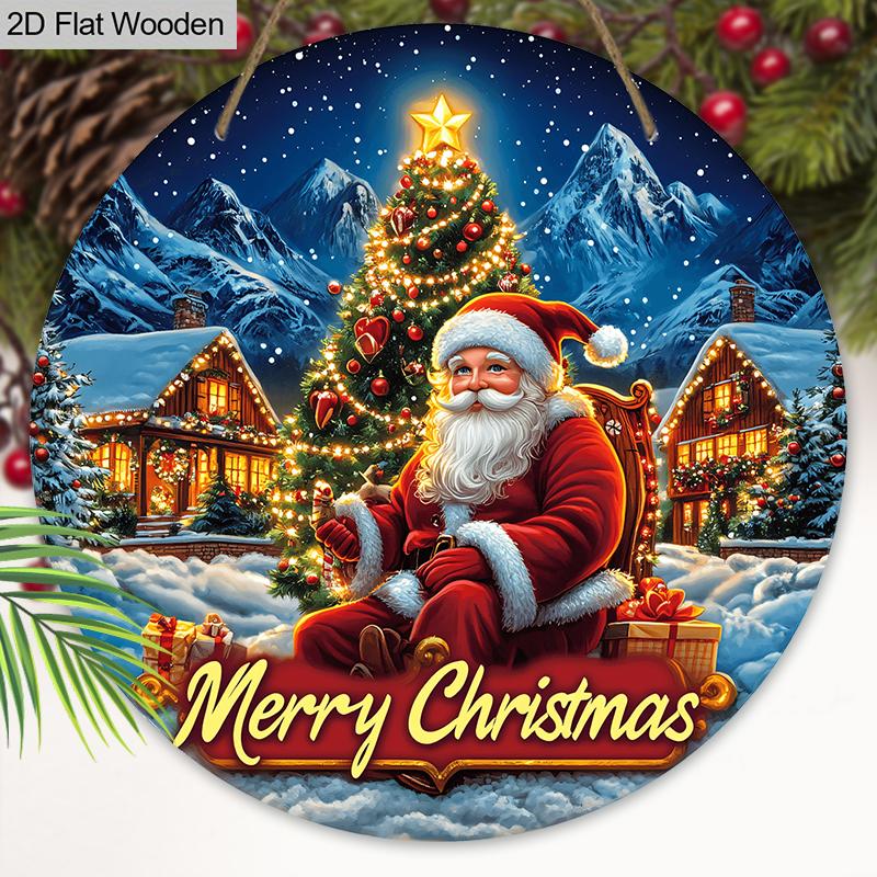 Merry Christmas Wooden Sign with Santa Claus Pattern - Navidad Round Sign for Front Door, Wall Hanging Decor - Ideal Christmas Decoration