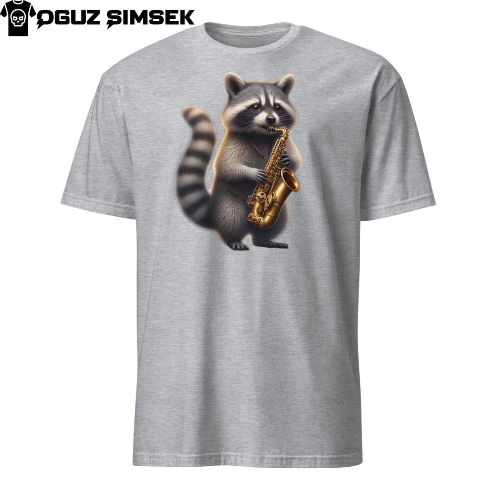 

Уникальная футболка унисекс: Реалистичная футболка с графикой енота, играющего на саксофоне S