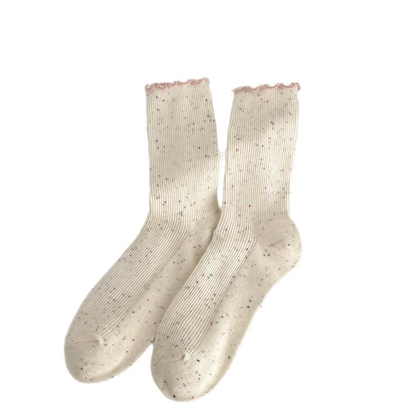 Frühlings- und Herbstsocken mit gepunktetem Garn in Cremefarbe und Aprikotfarbe, Baumwollsocken bis zur Wade für Damen, Trendige Frotteesocken