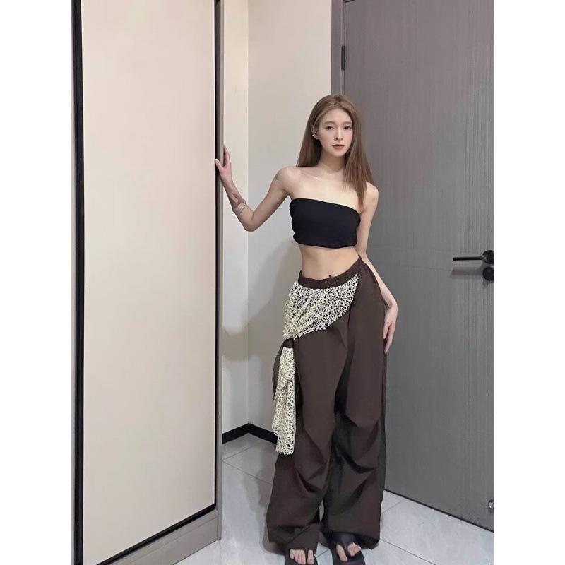 

Brown Wide Leg Pants with Leopard Print Bow and Cross Waistband XL