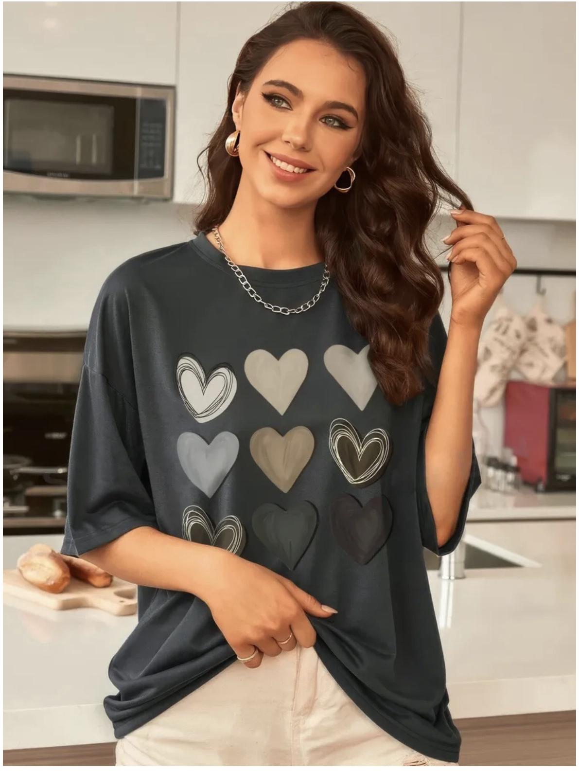 Women s Summer Love Heart Print Funny T-Shirt 3XL темно-серого