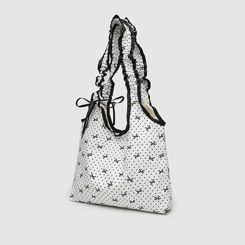 Niche Bow Polka Dot Canvas Bag Sweet Maiden Drawstring Pleated Tote Student Commuter Shoulder Bag