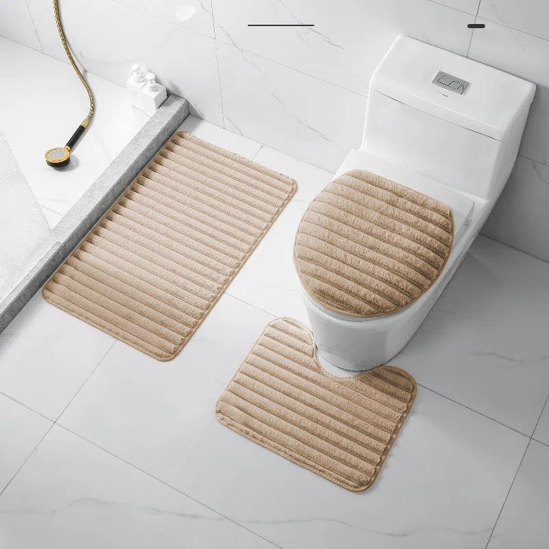 3Pcs Minimalist Style Plush Bathroom Floor Mat Set Non-slip Soft Doormat Water Absorbent for Bath Entry