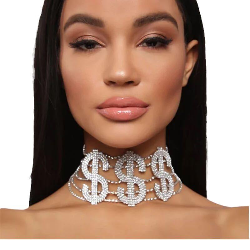 Mode Übertreibung Harajuku Strass Dollar Halskette Alphabet Hip Hop $$$Symbol Punk Schlüsselbein Kette Trend Choker