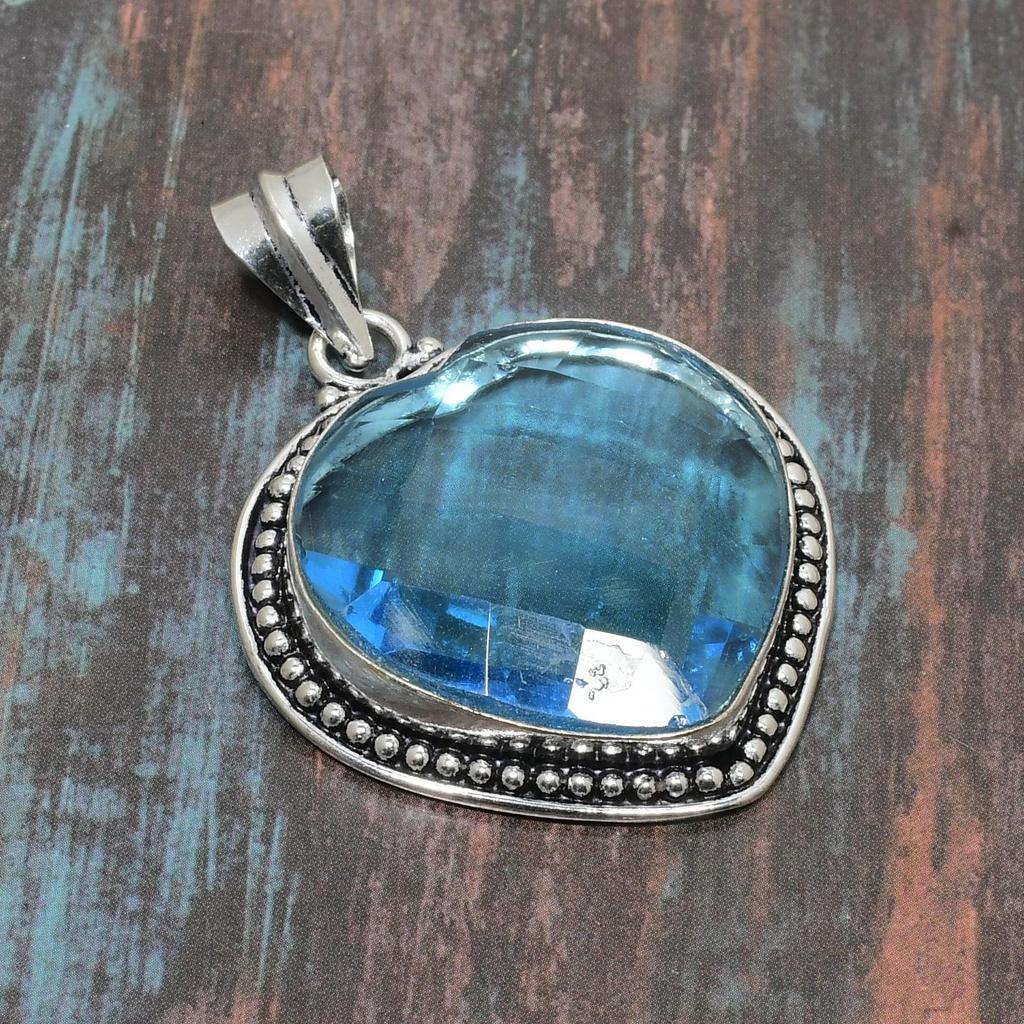 Swiss Blue Topaz Gemstone 925 Sterling Silver Handmade Unique Jewelry Pendant
