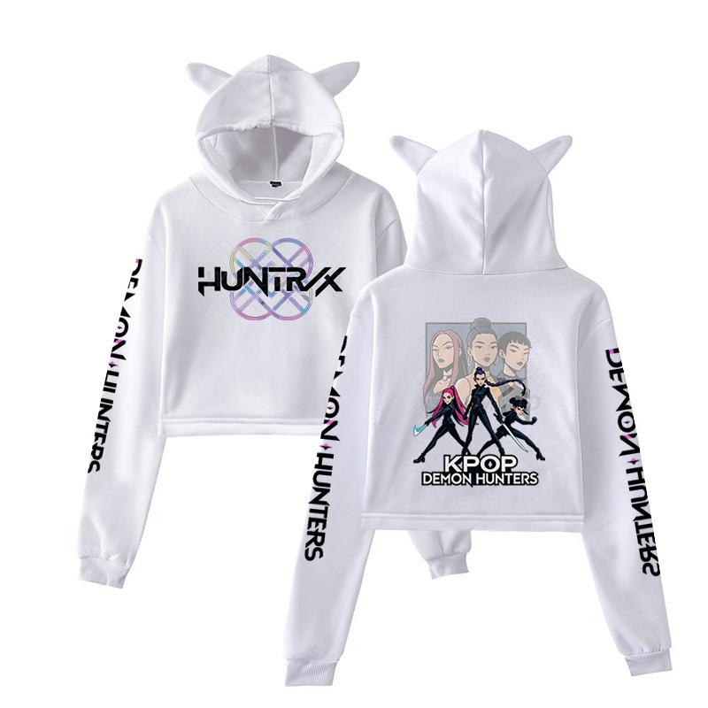 KPop Demon Hunters Hoodies Merch Hoodies Sweatshirt for Girls Cat Ear Crop Pullover Casual Clothes