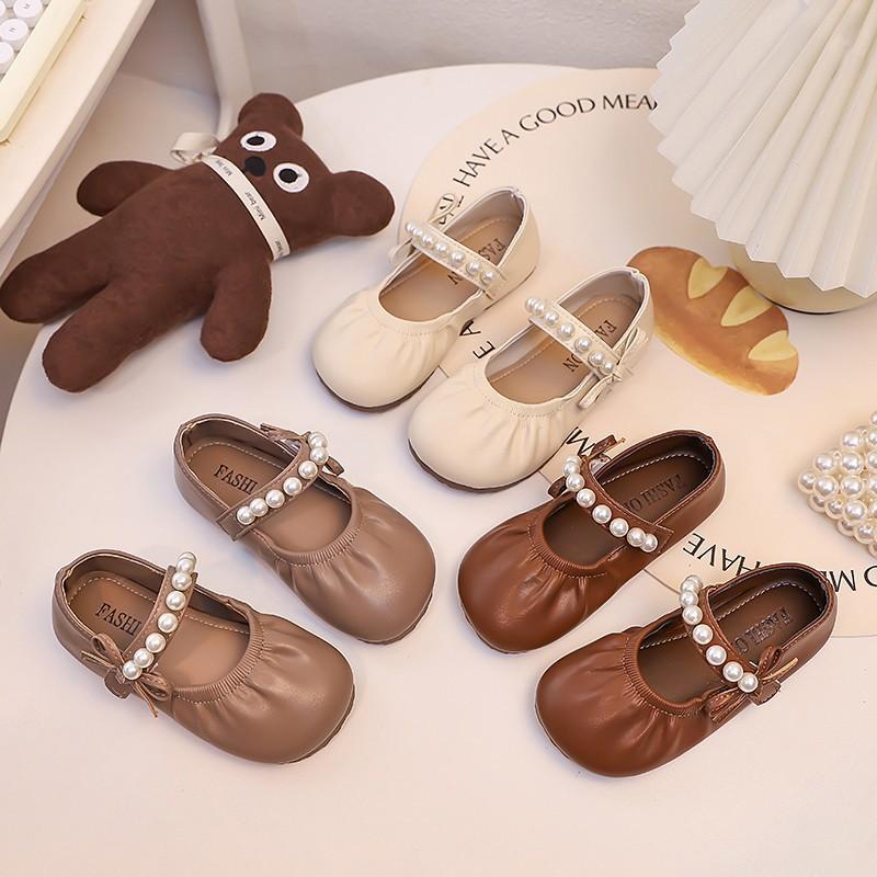 Korean version of girls' small leather shoes, spring and autumn 2025 new soft-soled children's pearl princess shoes, retro Mary Jane single shoes