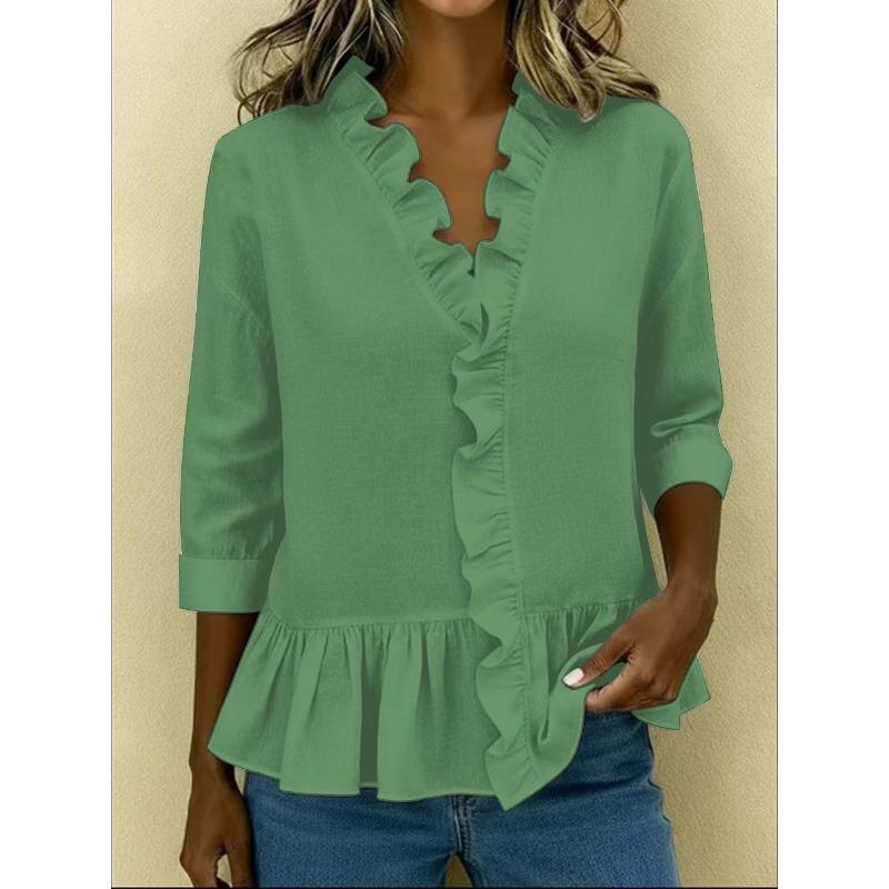 Summer New Women's Solid Color Ruffled T-shirt for Women Casual Three-quarter Short-sleeved Shirt for Women